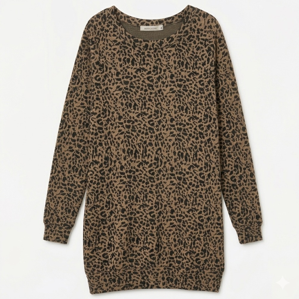 MINKPINK Leopard Animal Print Knit Oversized Tunic Sweater Tan Black Size M